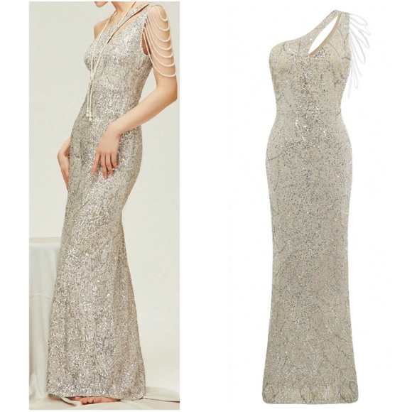 Luxe Sequins Cut out One Shoulder Prom evening Formal Dress - Picture 2 of 3